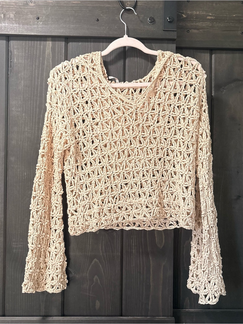 Free people Crochet Open-Weave Long Sleeve Top in Light Beige small